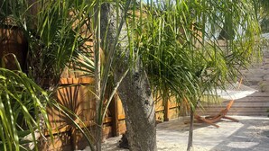 A paved walkway with a hammock and a wooden fence in the background.