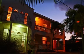 Guests can enjoy a balcony with a view from the upper floor, surrounded by palm trees.