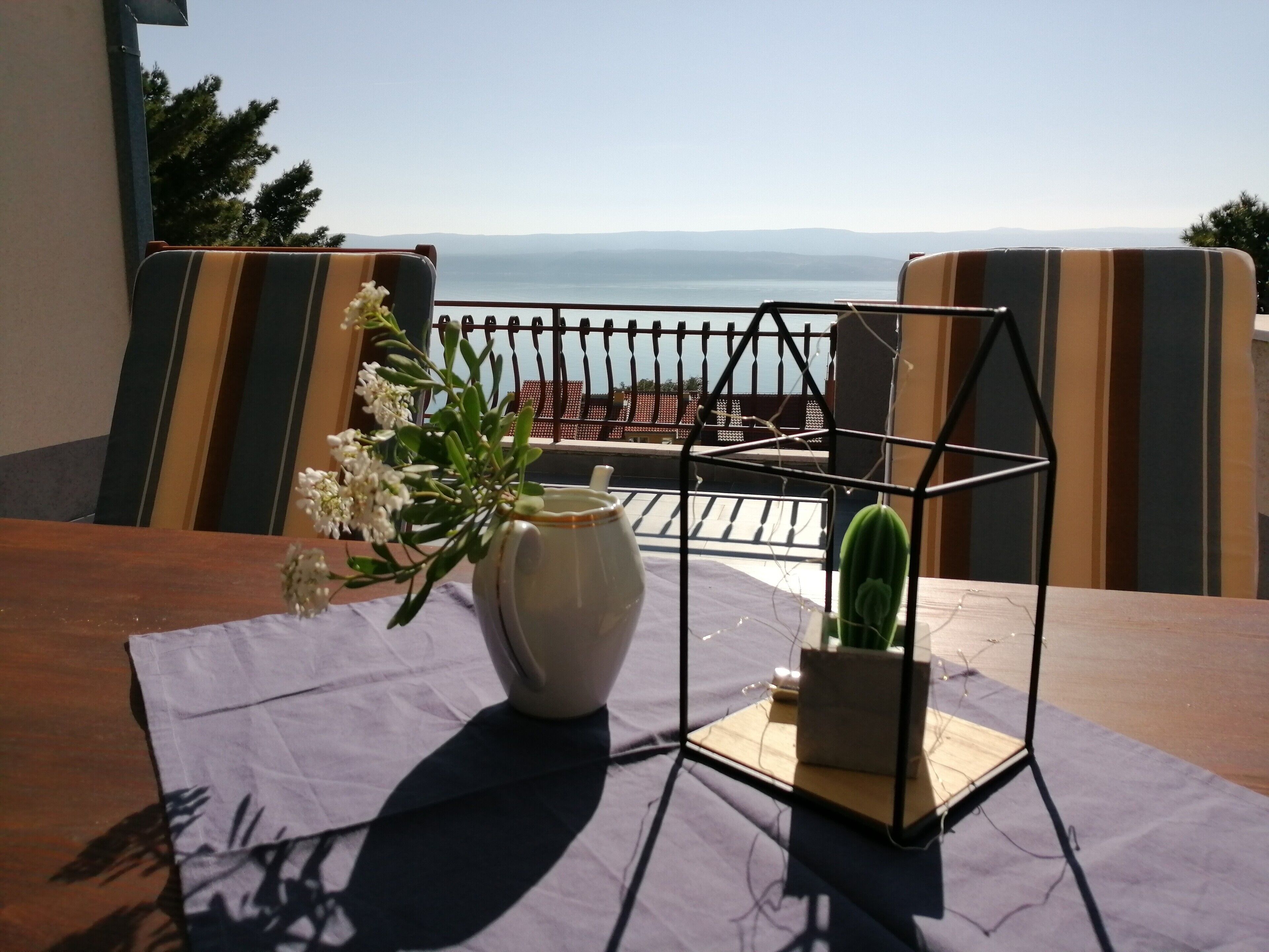 A table with a vase of flowers, a cactus, and a metal stand.