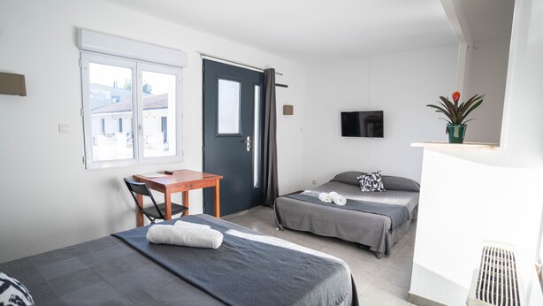 Quarto de hotel com duas camas, uma escrivaninha, uma cadeira, televisão e um vaso de planta.