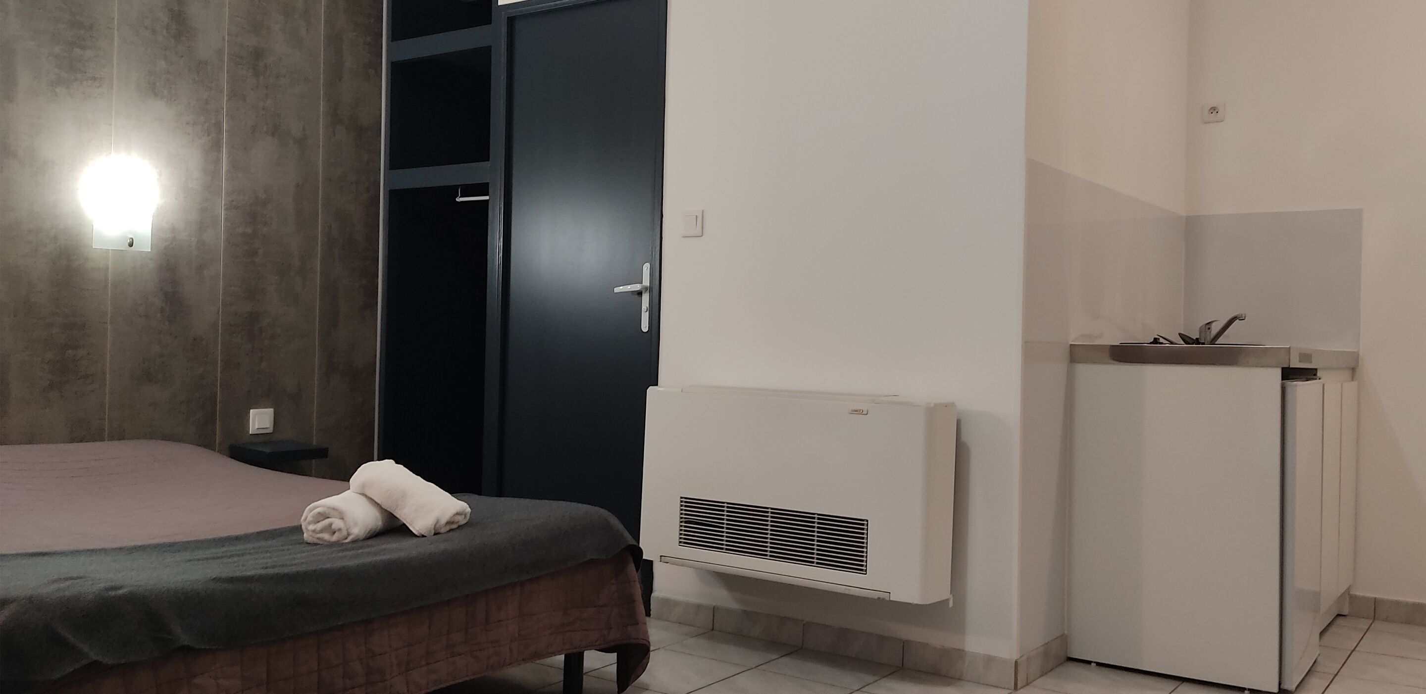 mini-fridge, microwave, espresso maker, electric kettle