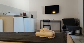 Mini-fridge, microwave, espresso maker, electric kettle