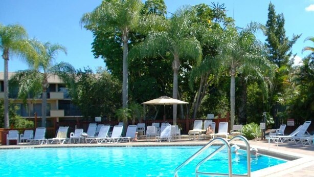 A swimming pool with lounge chairs and a palm tree in the background. - Near beach, view tropical plantings from 4th floor privacy, + pickleball courts! (Naples)