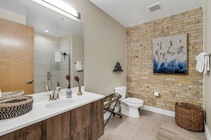 Hair dryer, towels, soap, shampoo