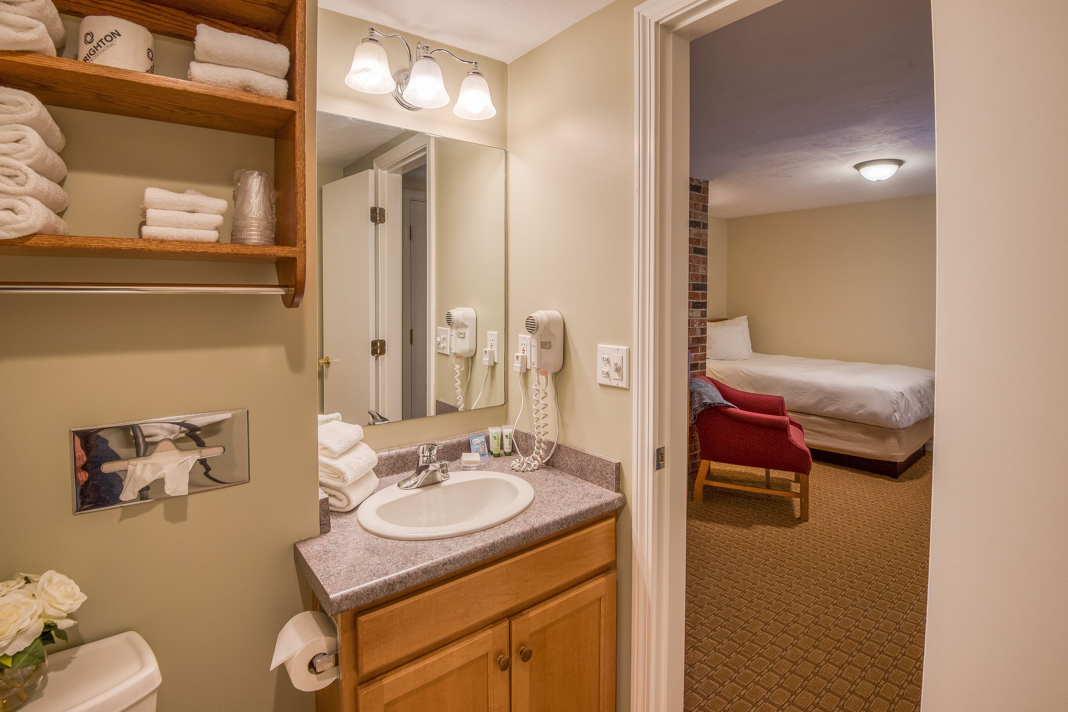 A hotel bathroom with a sink, mirror, towel rack, and toiletries.