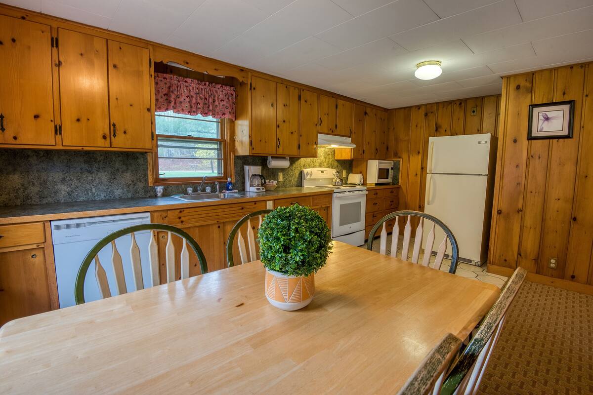 A wooden kitchen with a dining table, chairs, a potted plant, and basic appliances.
