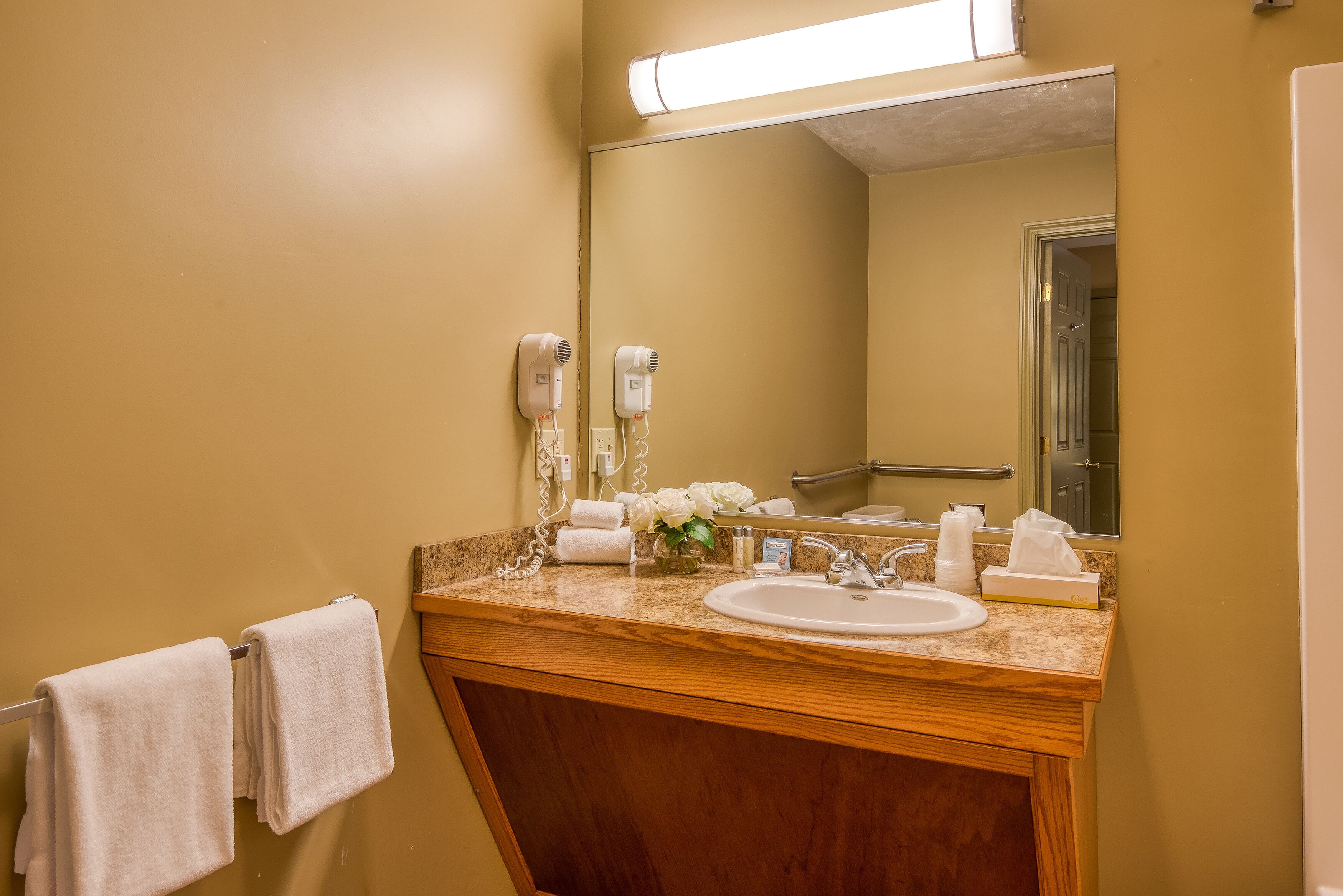 A bathroom with a sink, mirror, towel rack, and hair dryers.