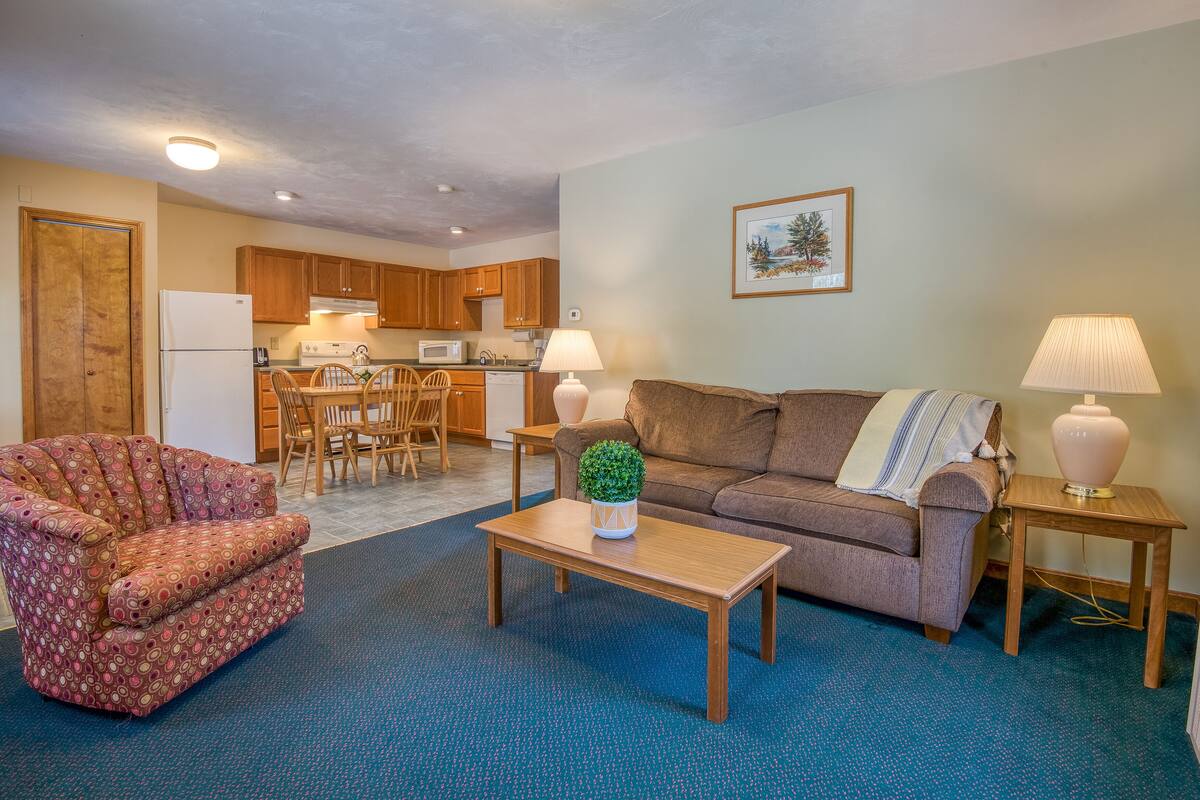 A living room with a patterned armchair, a sofa, a coffee table, and two lamps. There is a dining area with a table and chairs, and a kitchen with wooden cabinets and appliances.