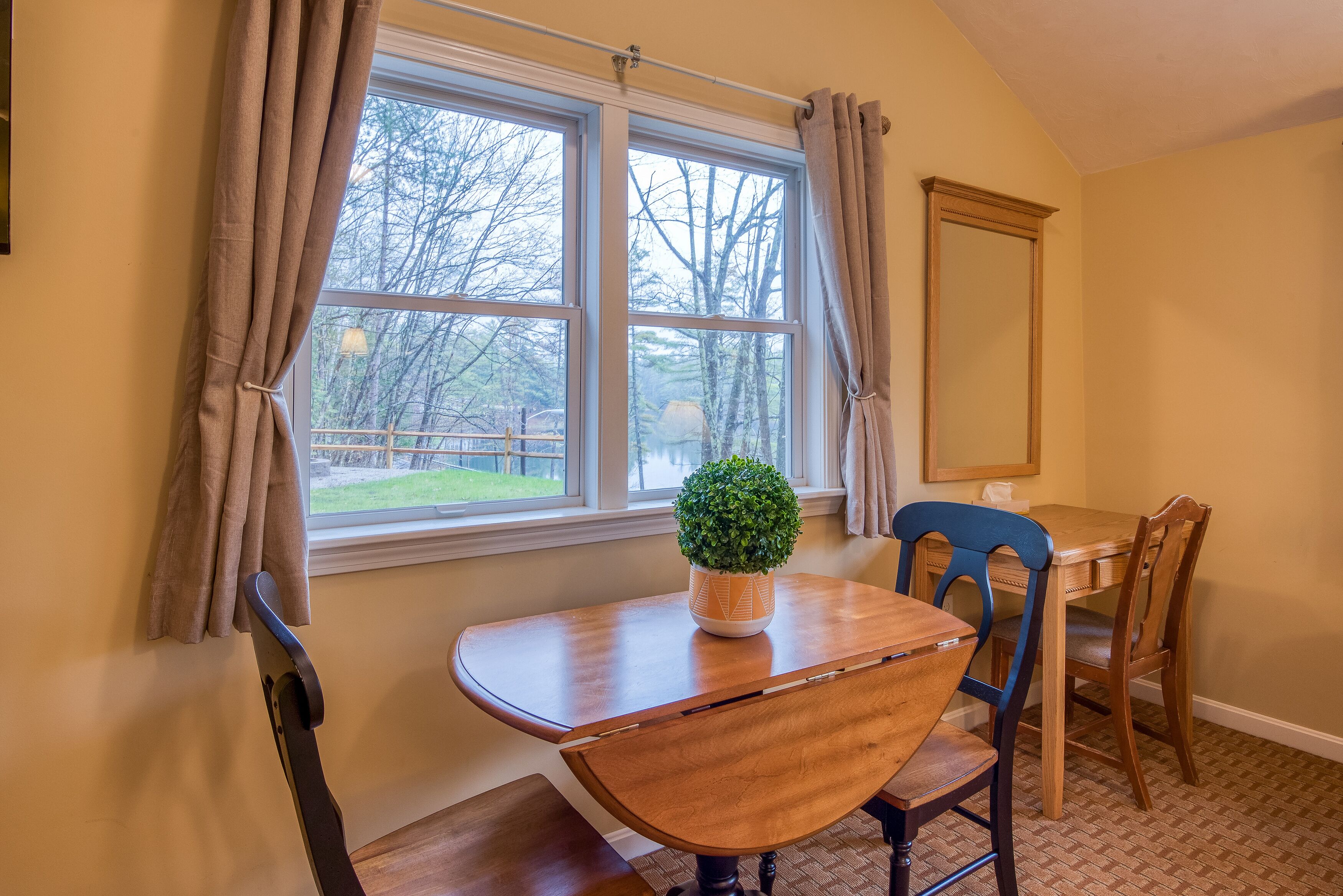 A dining area with a wooden table, chairs, a potted plant, and a window with curtains.