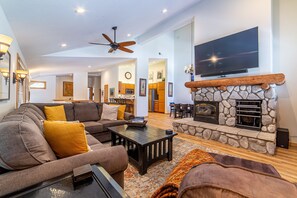 Smart TV, fireplace, DVD player, foosball