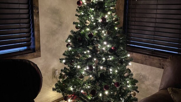 Un sapin de Noël décoré de guirlandes lumineuses et d’ornements, entouré d’un plancher en bois rustique et agrémenté de la silhouette d’un élan.