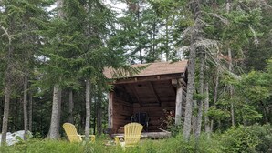 A rustic cabin with a porch, surrounded by tall trees and a pond. - Beautiful retreat in the Adirondack Park (Malone)