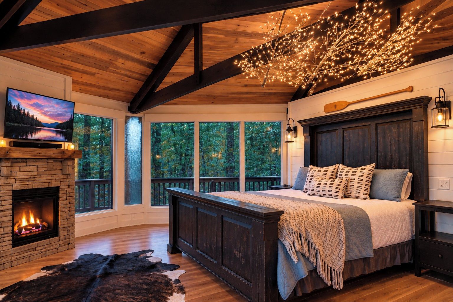 A bedroom with a large bed, a fireplace, and a view of the outdoors.