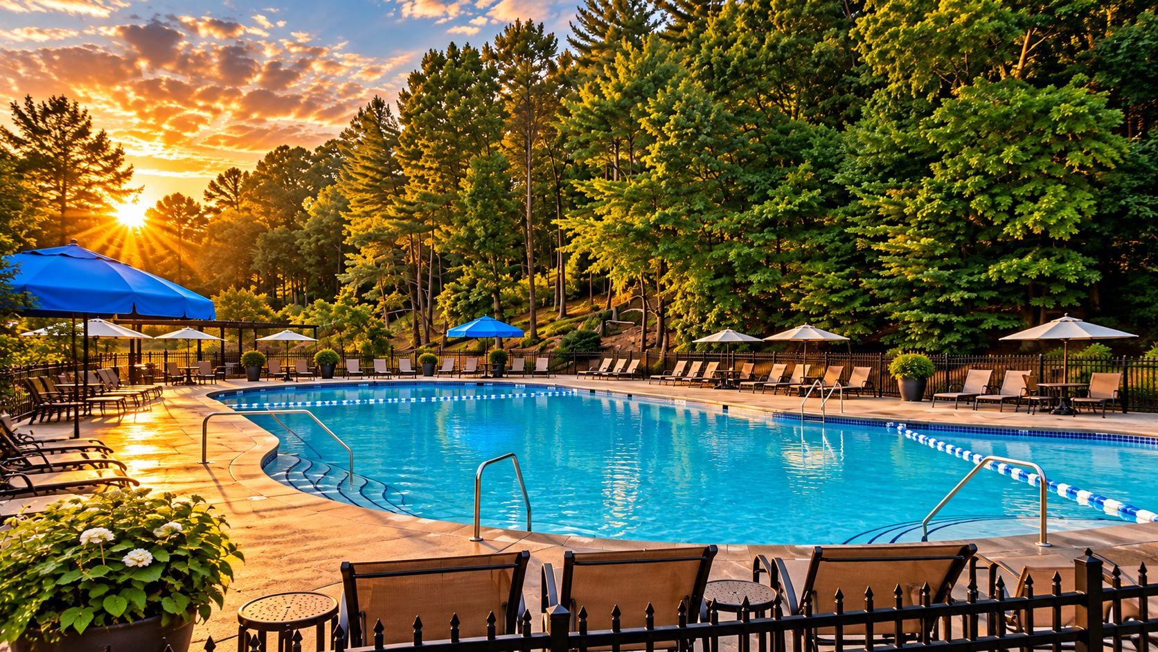 A swimming pool with lounge chairs and umbrellas, surrounded by trees.