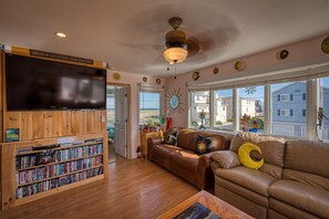 Smart TV, fireplace, DVD player, books