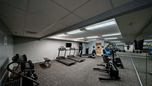 Une salle de sport équipée de tapis de course, d’appareils de musculation et de ballons d’exercice.