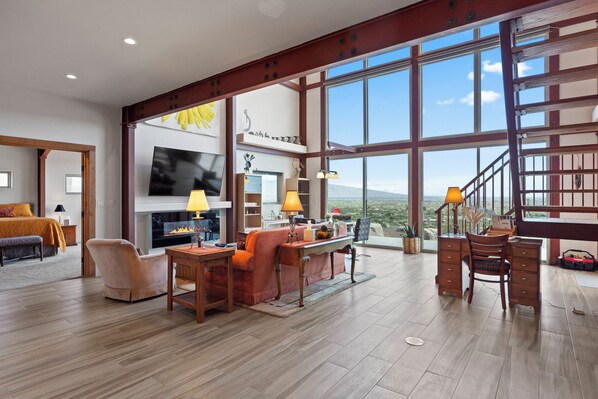 Smart TV, fireplace, books