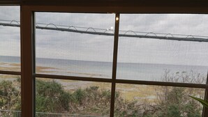 A window with a metal grid, a plant in the foreground, and a view of a road and greenery outside. - Maribu Beach House (Onna)
