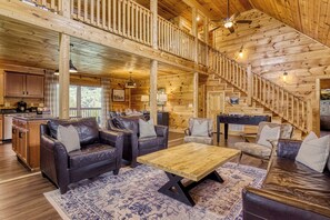 Smart TV, fireplace, foosball, books