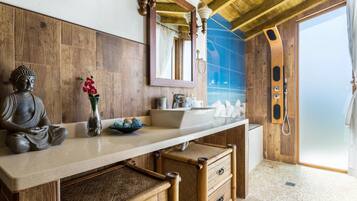 Shower, hair dryer, towels