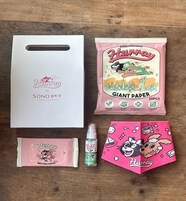 Un paquete etiquetado 'Sono Pet' con un ambientador 'Melting Darder' y un spray 'Silky Mist', y un set de toallitas húmedas para mascotas 'Giant Paper' de la marca 'Hurray'.