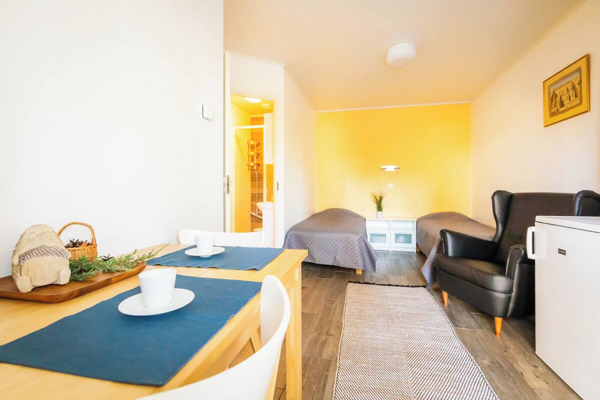 A compact living space with a dining area, a bed, a sofa, and a refrigerator.