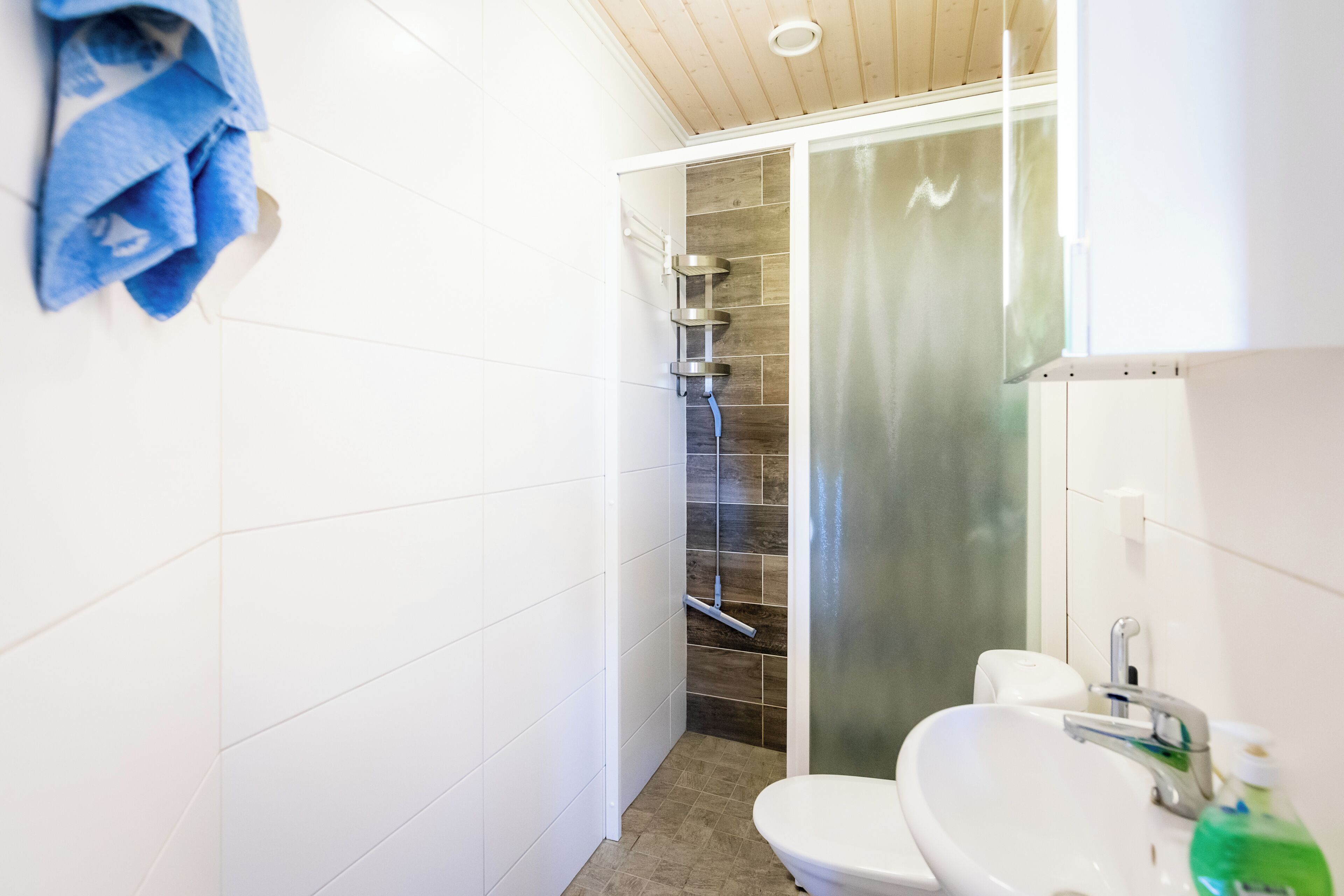 Et badeværelse med bruser, toilet og vask.