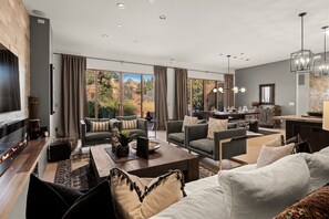 Televisión, chimenea y reproductor de DVD 