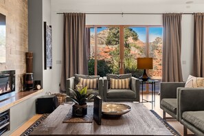 Televisión, chimenea y reproductor de DVD 