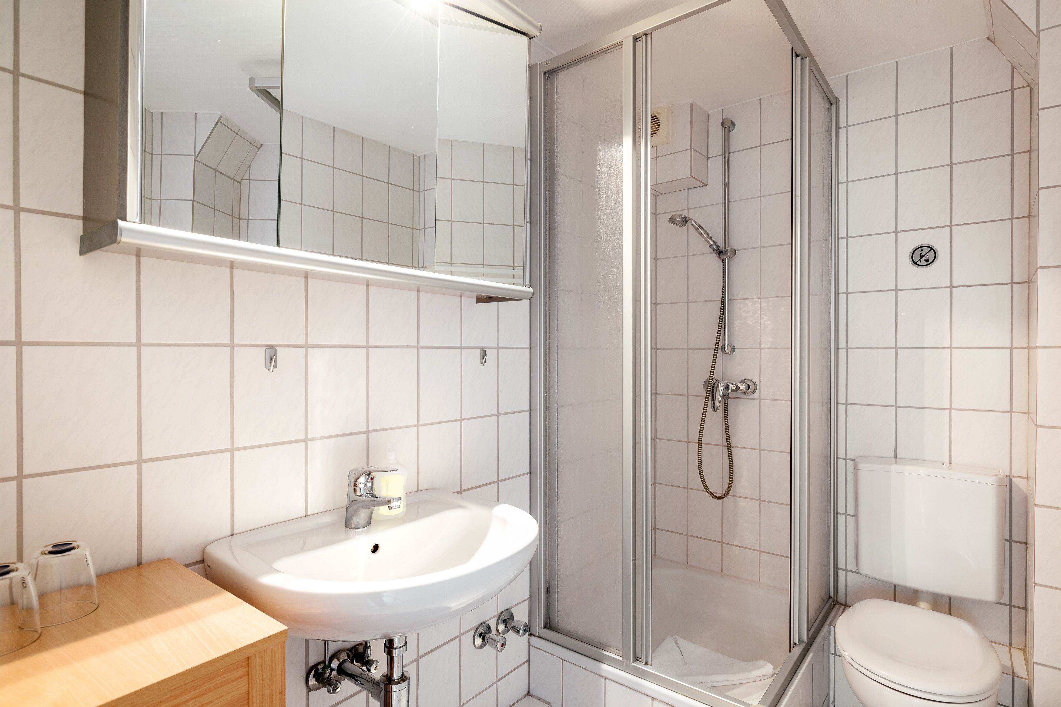 A modern bathroom with a glass-enclosed shower, a white sink, and a toilet.