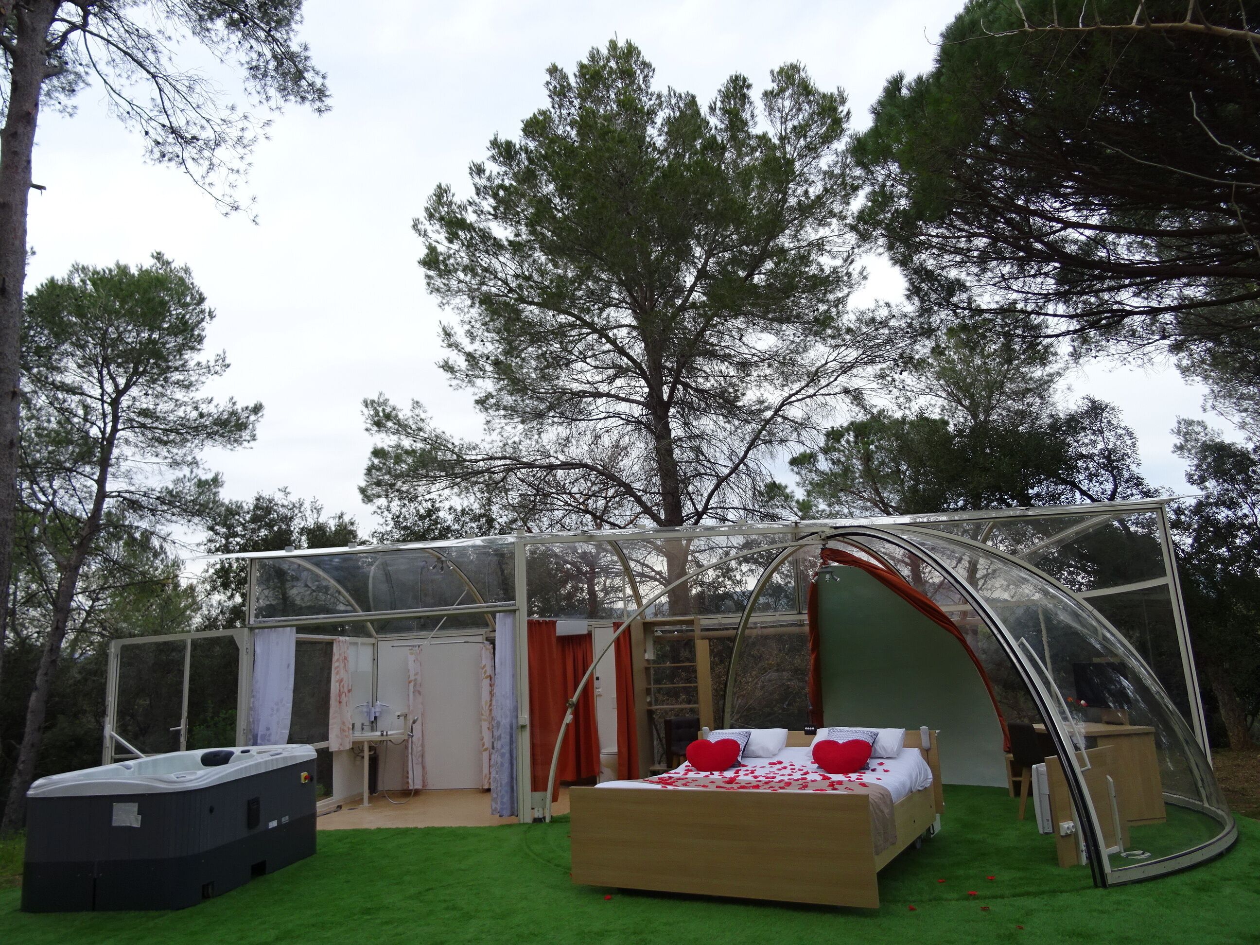 Een transparante tent met een bed en een hottub, omringd door bomen.