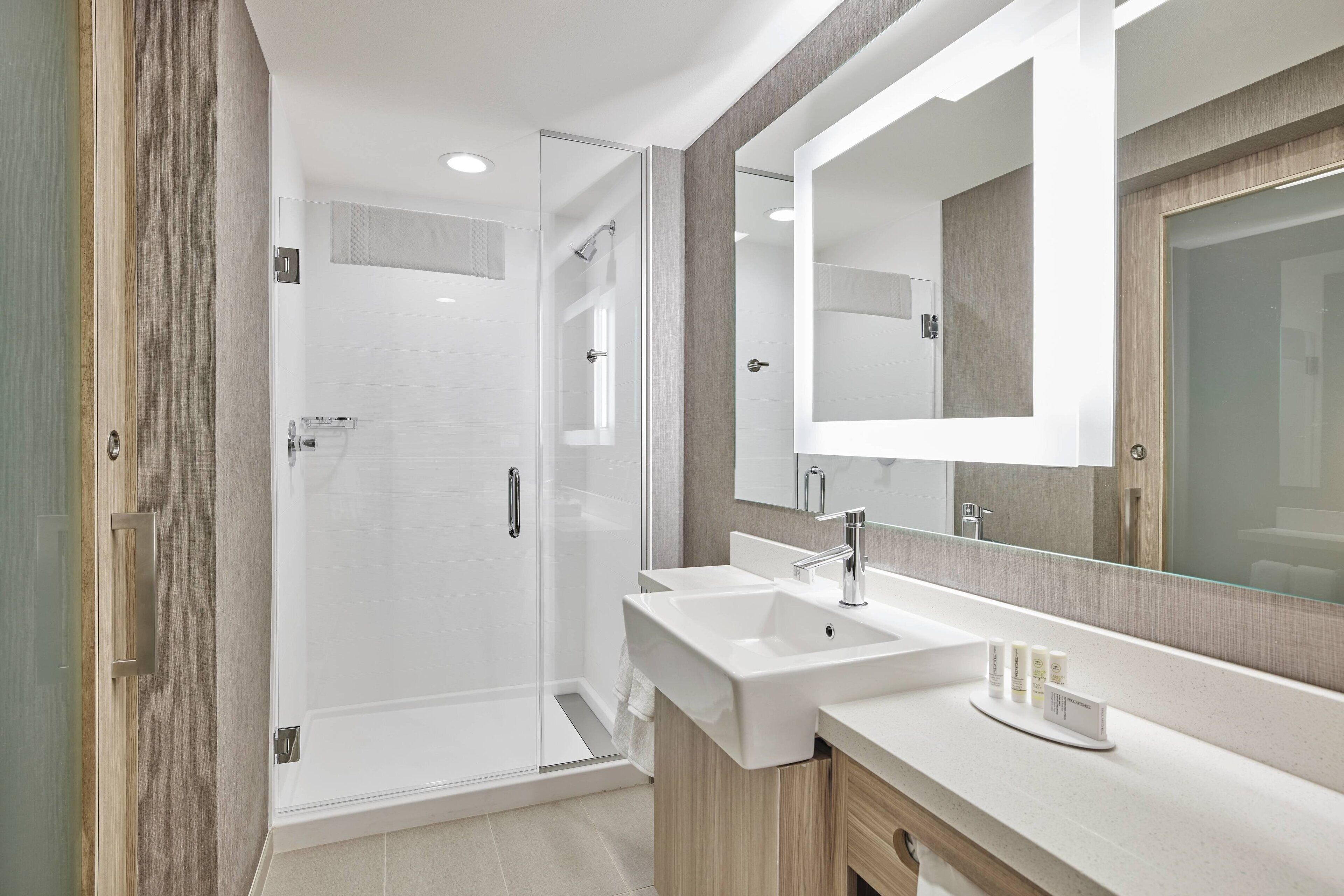 Hair dryer, towels, soap, shampoo