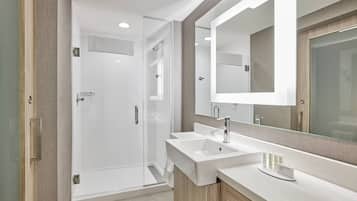 Hair dryer, towels, soap, shampoo