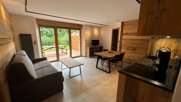 A modern kitchen with a dining area, a sofa, and a TV. - Rental of 12 gîtes and 1 chalet that can accommodate 2 to 10 people. (Rochesson)