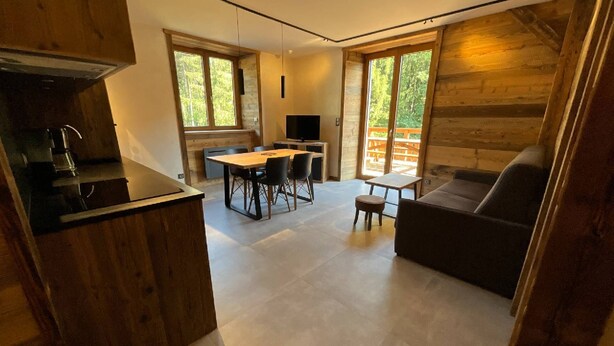 A modern kitchen with a dining area, a sofa, and a TV. - Rental of 12 gîtes and 1 chalet that can accommodate 2 to 10 people. (ROCHESSON)