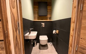 A small, modern bathroom with a toilet, sink, and toilet paper holder. - Rental of 12 gîtes and 1 chalet that can accommodate 2 to 10 people. (ROCHESSON)