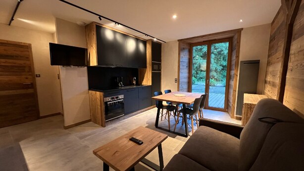 A modern kitchen with a dining area, a sofa, and a TV. - Rental of 12 gîtes and 1 chalet that can accommodate 2 to 10 people. (Rochesson)