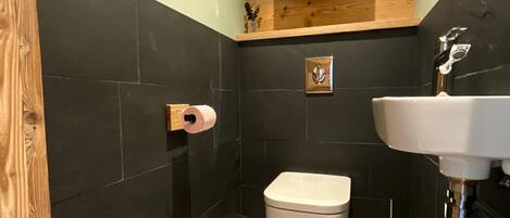 Een moderne badkamer met toilet, wastafel en toiletrolhouder.