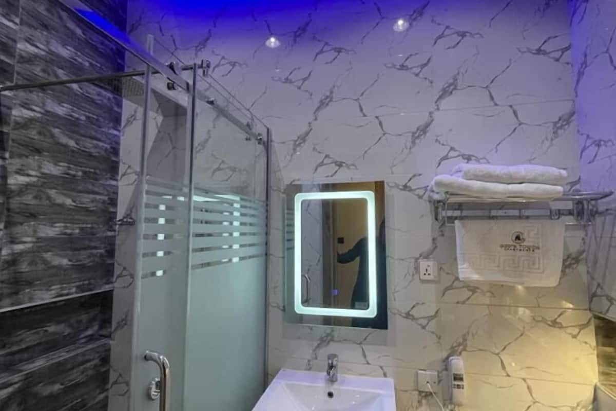 shower, hydromassage showerhead, towels