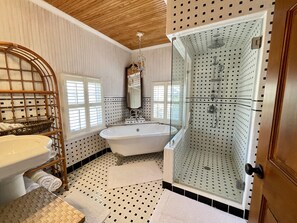 Bathtub, hair dryer, towels, soap
