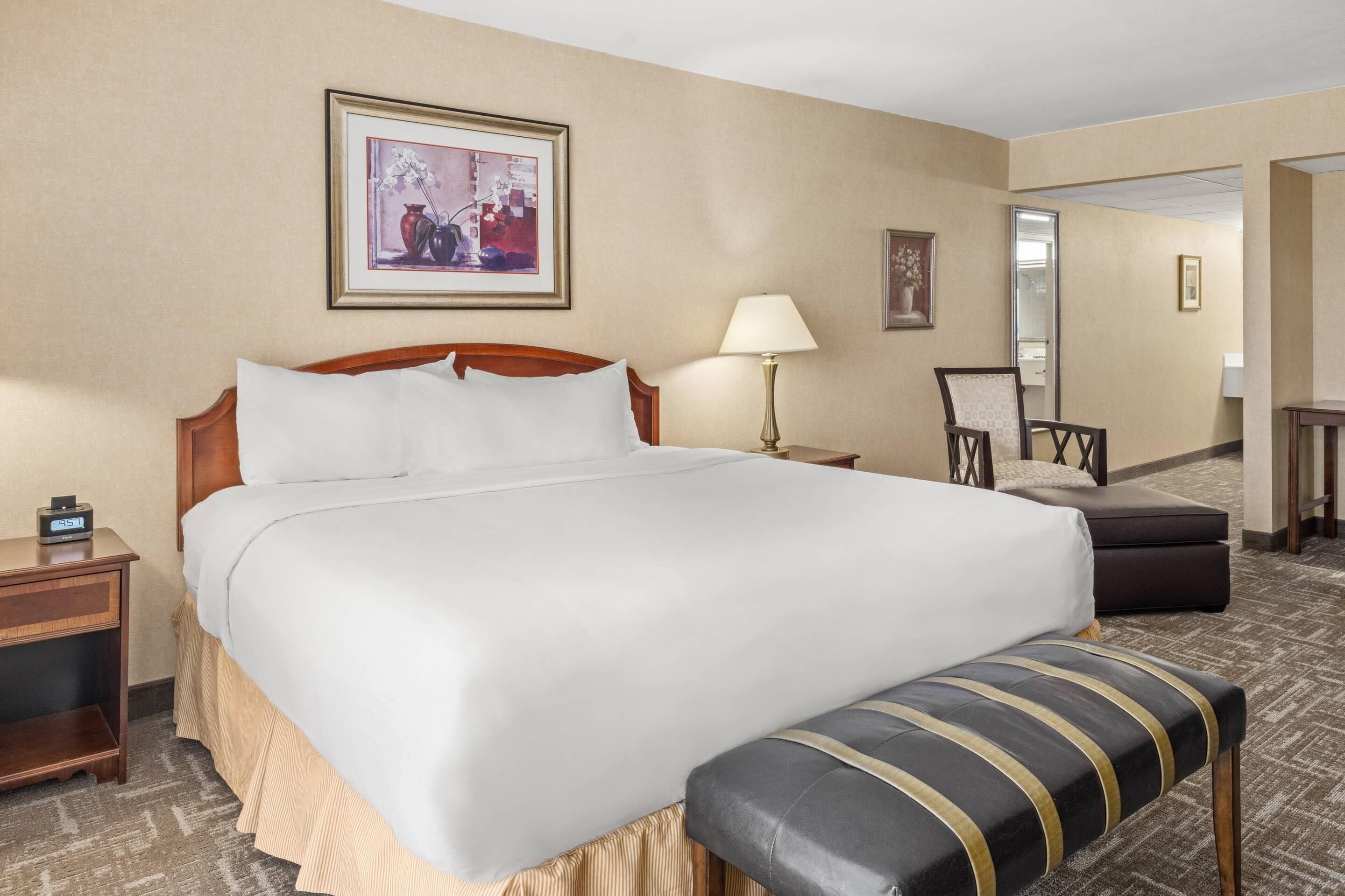 Habitación de hotel con una cama grande, mesita de noche, lámpara, silla y un espejo en la pared.