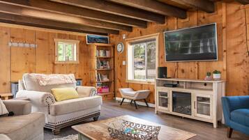 Télévision, cheminée, livres