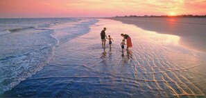 Une scène de plage au coucher du soleil.