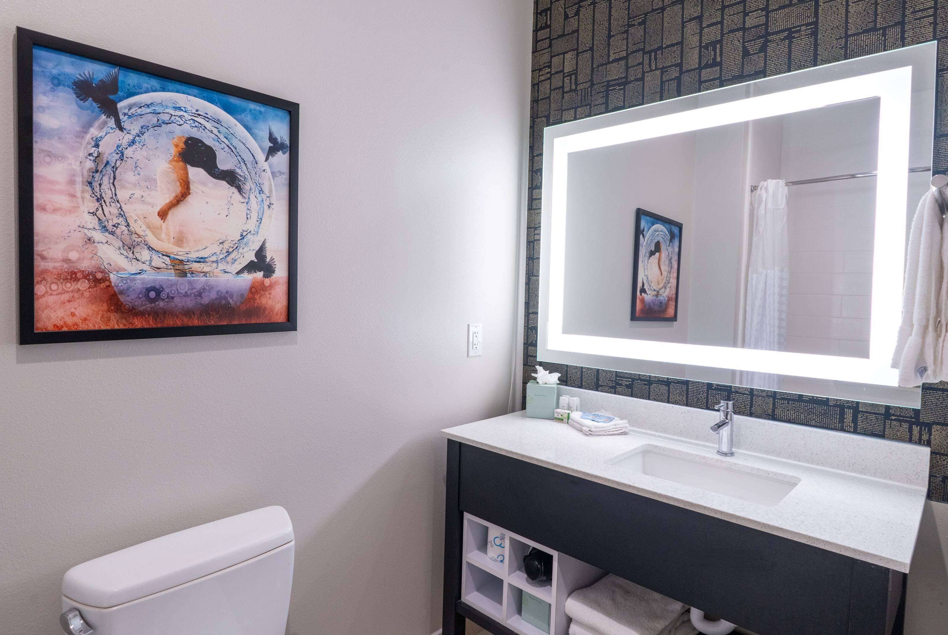 A bathroom with a white toilet, a white sink with a mirror above it, and a framed artwork on the wall.