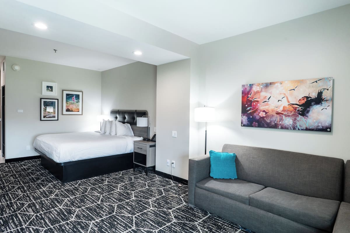 Una habitación de hotel con una cama, un sofá gris, un suelo estampado y un cuadro en la pared.