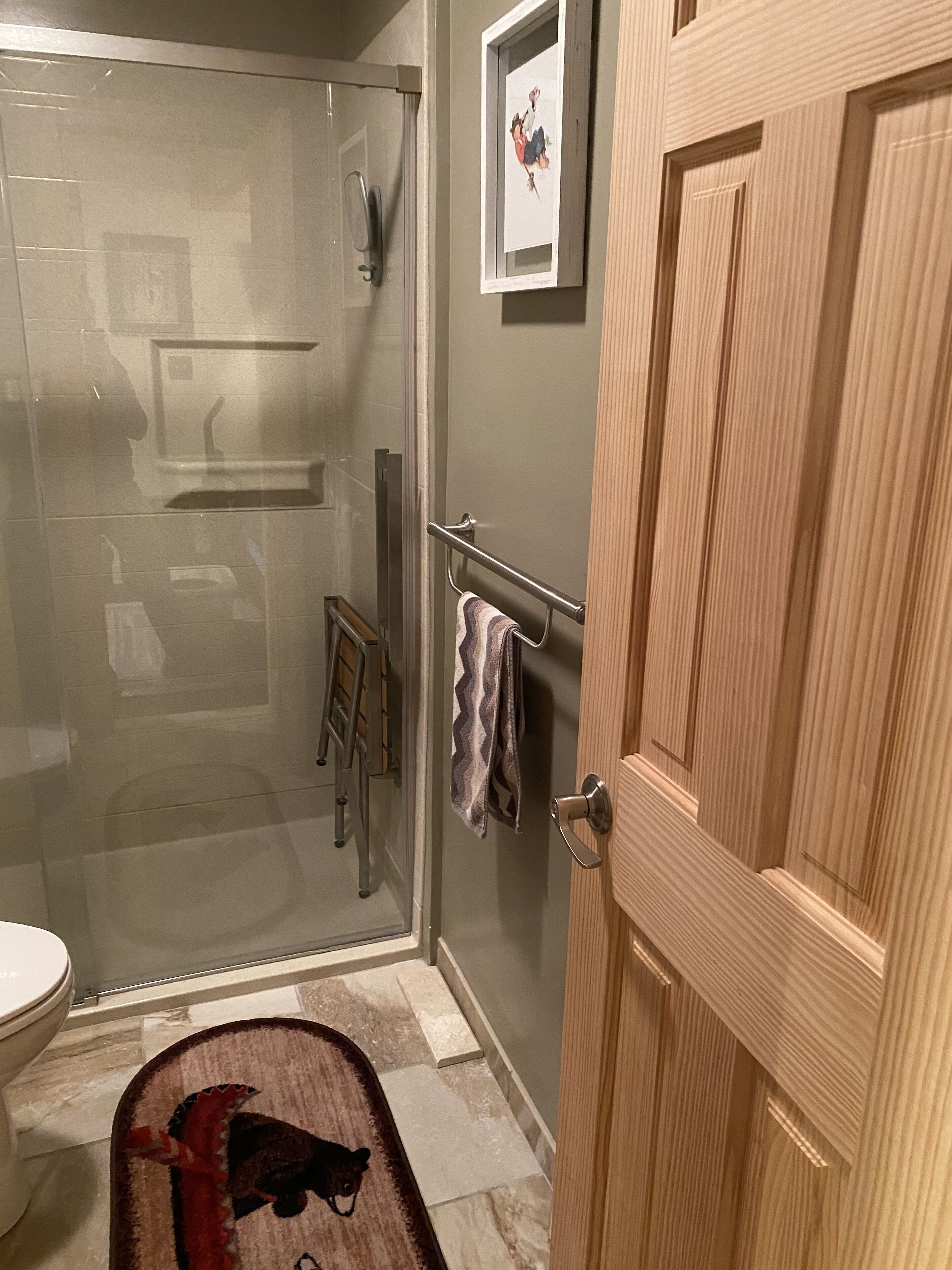 A bathroom with a glass shower enclosure, a wooden door, and a towel rack with a towel.