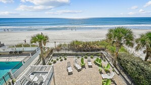 A beach view with a pool area, lounge chairs, and a palm tree. - Casablanca - Luxury Oceanfront Home in Cherry Grove with Game Room & Pool (North Myrtle Beach)