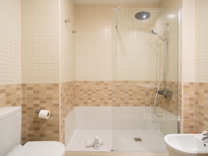 Bathtub, hair dryer, towels, toilet paper