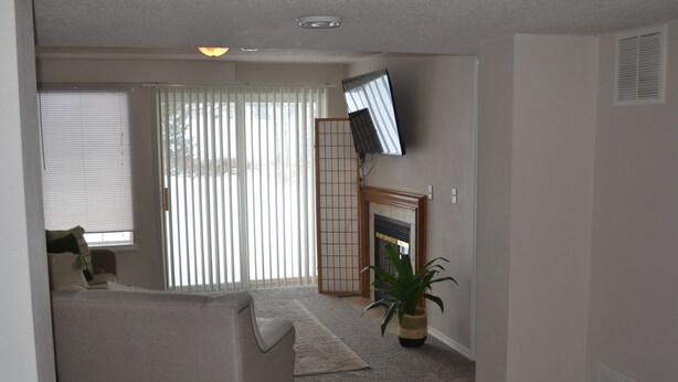 Una sala de estar con un sofá, chimenea, televisor y puerta corrediza de vidrio.