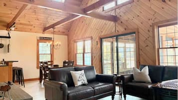 Smart TV, fireplace, books, stereo